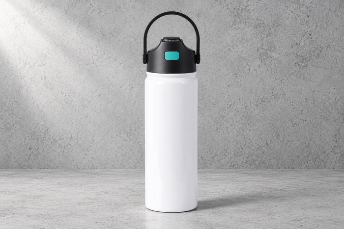 Bouteille isotherme blanche de 22 oz avec paille et poignée sur fond béton