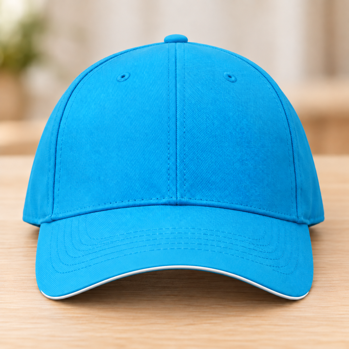 Casquette bleu turquoise — fine ligne blanche uniquement au bord avant de la visière