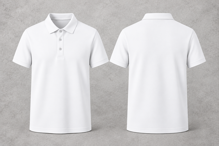 Polo blanc vierge, avant et arrière sur fond béton