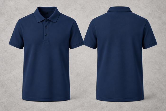Polo bleu marin vierge, avant et arrière sur fond béton