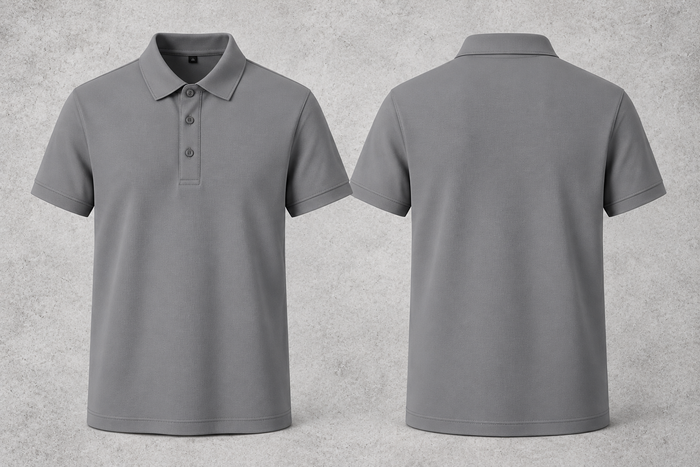 Polo gris vierge, avant et arrière sur fond béton