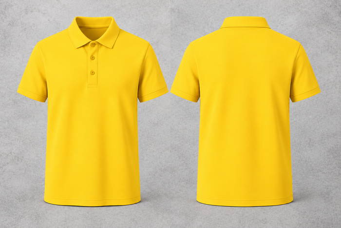 Polo jaune vierge, avant et arrière sur fond béton