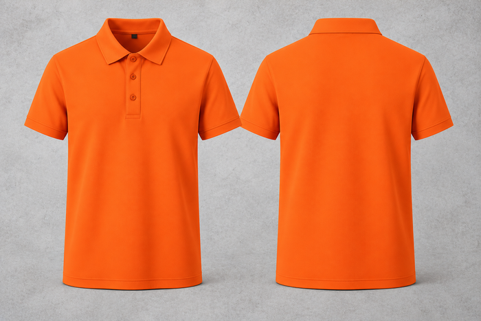 Polo orange vierge, avant et arrière sur fond béton