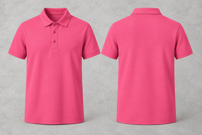 Polo rose vierge, avant et arrière sur fond béton