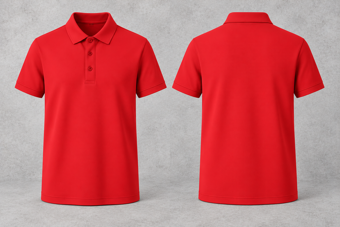 Polo rouge vierge, avant et arrière sur fond béton