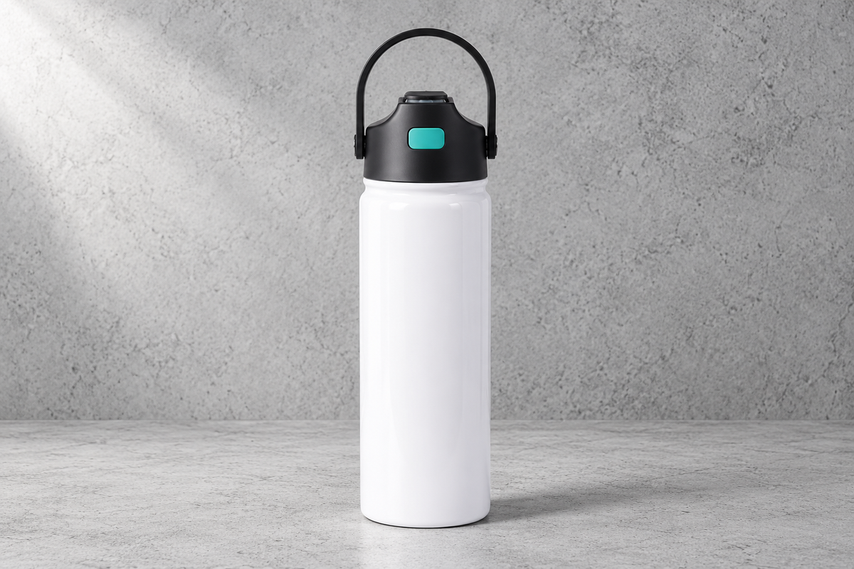 Bouteille isotherme blanche de 22 oz avec paille et poignée sur fond béton