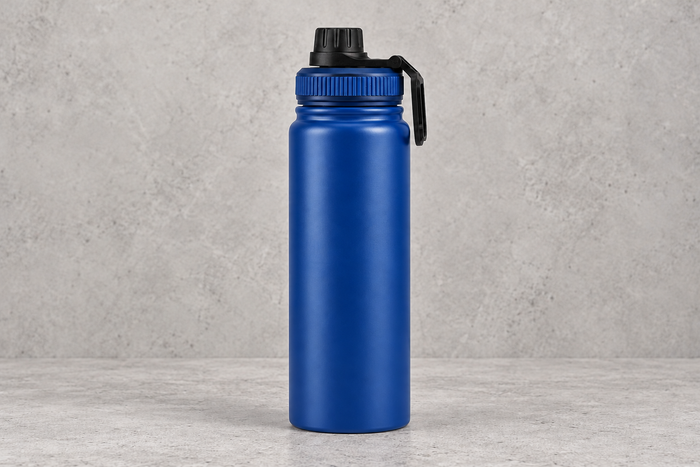 Bouteille isotherme bleue avec bague bleue et bouchon noir sur fond béton