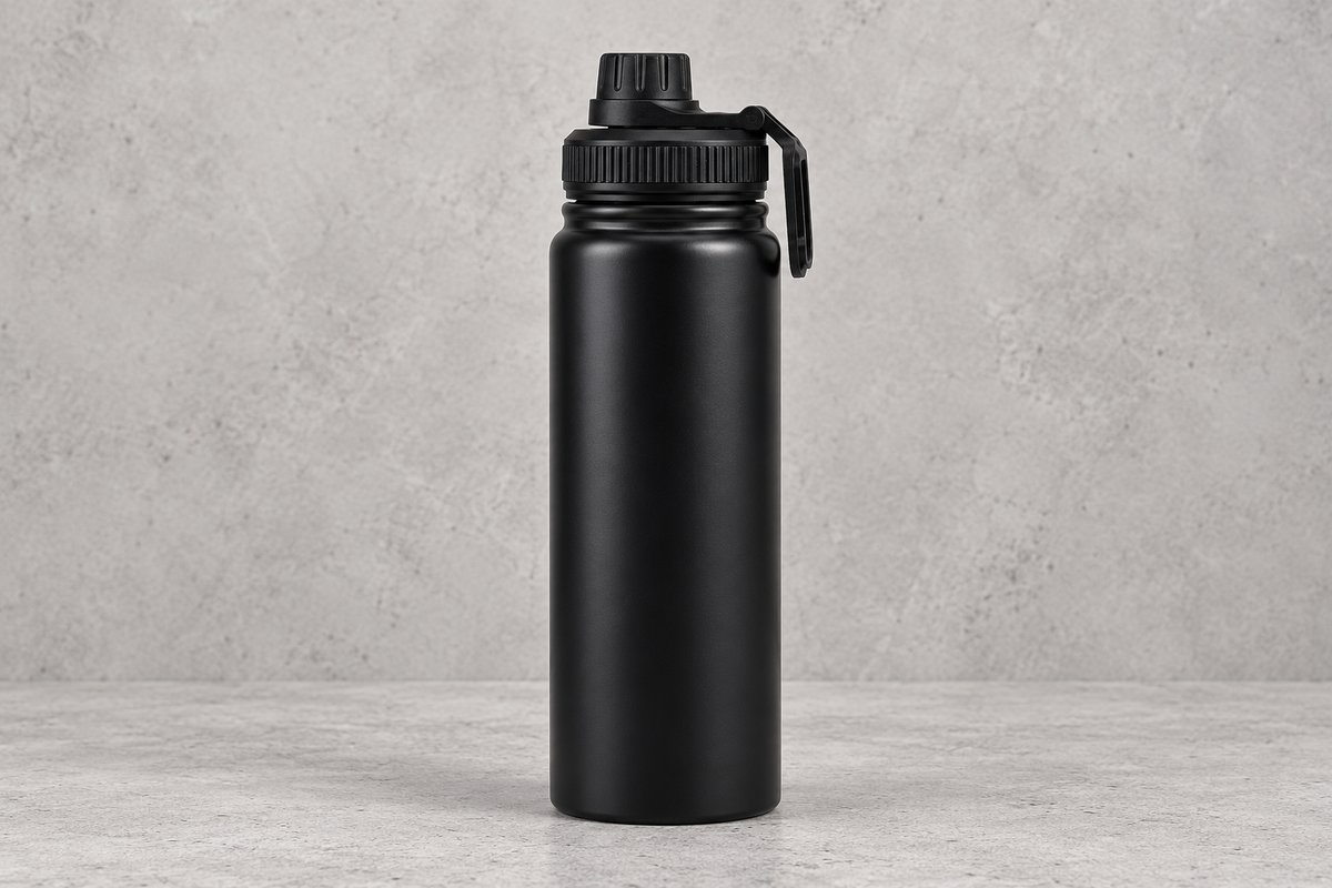 Bouteille isotherme noire de 600 ml vierge sur fond béton