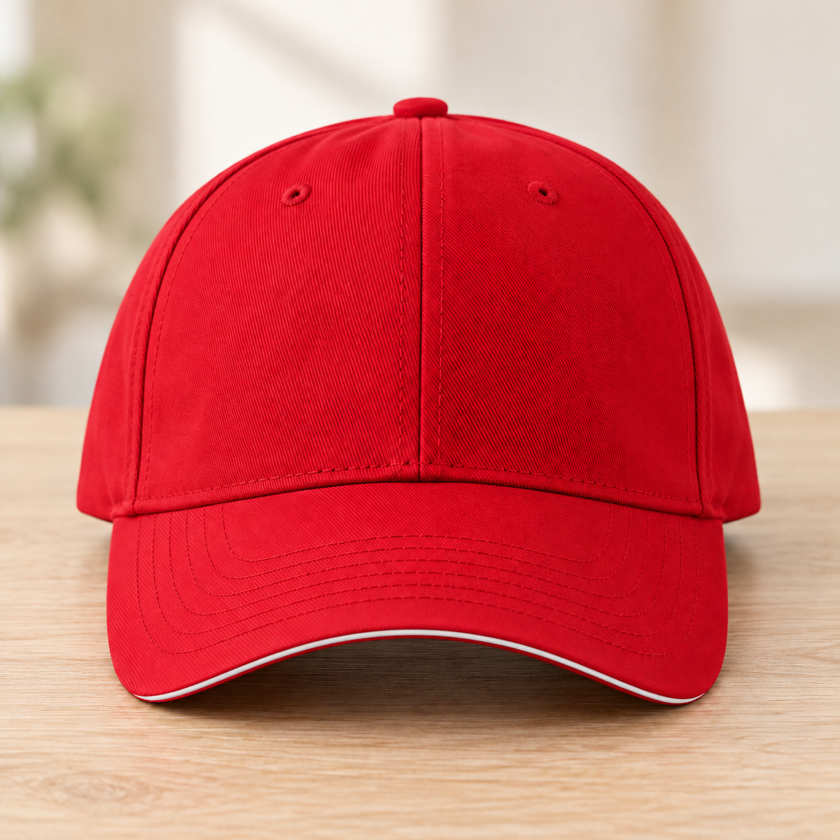 Casquette rouge — fine ligne blanche uniquement au bord avant de la visière