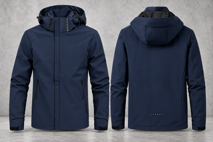 Manteau softshell bleu sans logo, avant et arrière sur fond béton