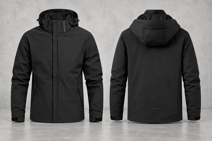 Manteau softshell noir sans logo, avant et arrière sur fond béton