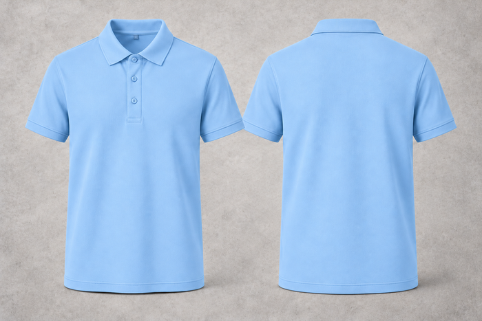Polo bleu pâle vierge, vues avant et arrière sur fond béton