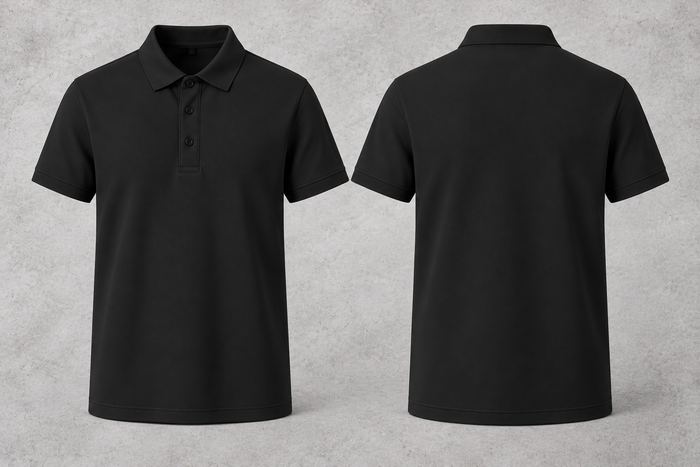 Polo noir vierge, avant et arrière sur fond béton